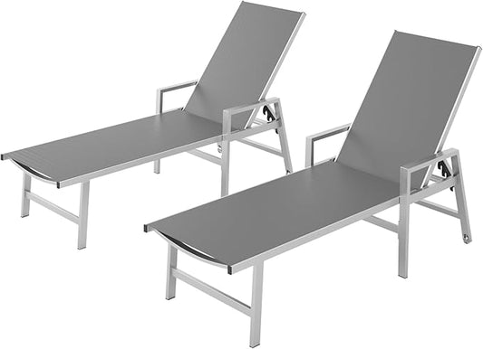 Patio Chaise Lounge Chair Outdoor with Wheels&Armrests, Aluminum Pool Lounge Chairs Set of 2 Five-Position Adjustable Recliner, Outdoor Beach Lounge Chairs for Poolside, Patio, Deck, Yard, Dark Gray