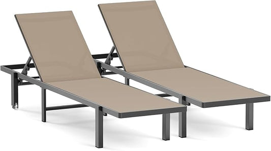 Patio Chaise Lounge Chair Set of 2, Outdoor Lounge Chairs with Wheels, 5-Position Adjustable Sun Loungers for Pool, Deck, Beach, Khaki