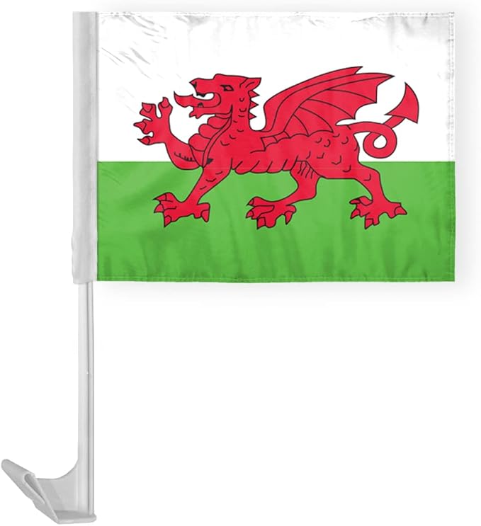 AGAS Wales Car Flag 12x16 inch Polyester Fabric Double Stitched 17 Inch White Plastic Flexible Pole High Visibility Welsh National Car Flag