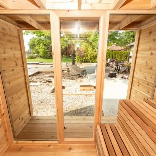 ZONEMEL Outdoor Red Cedar Steam Sauna for 8 Person, Modern Square with Porch, Full-Glass Front, 8KW ETL Harvia Heater, LED Lighting, Waterproof Roof, Double Bench, Complete Accessories