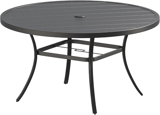 VICLLAX Outdoor Patio Round Dining Table, 53"x 53" Metal Slatted Round Tabletop with Adjustable Umbrella Hole for Deck Lawn Garden Backyard, Black