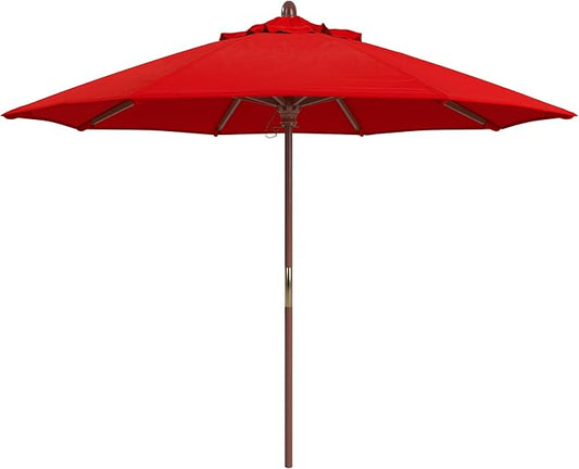 California Umbrella 9' Premium Commercial Hardwood Patio Umbrella, Manual Lift With Sunbrella Jockey Red Fabric