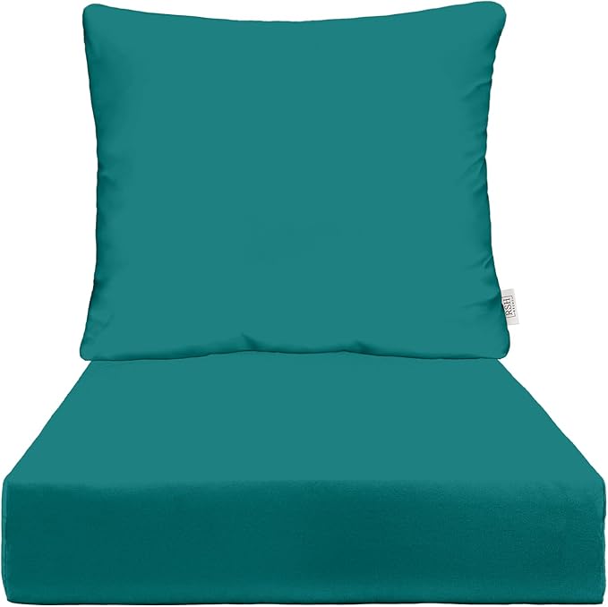 RSH DECOR: Deep Seating Cushion with Pillow Back | 24” x 27” Seat | All-Weather Spun Fabric | Water and Fade-Resistant | Outdoor Chair Cushion Set for Patio Furniture | Peacock