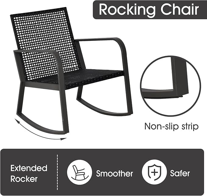 Bistro 3 Piece Patio Furniture Set, Patio Table and Rattan Outdoor Rocking Chairs Set of 2, Outdoor Bistro Conversation Set for Garden, Balcony, Poolside, Backyard, Grey