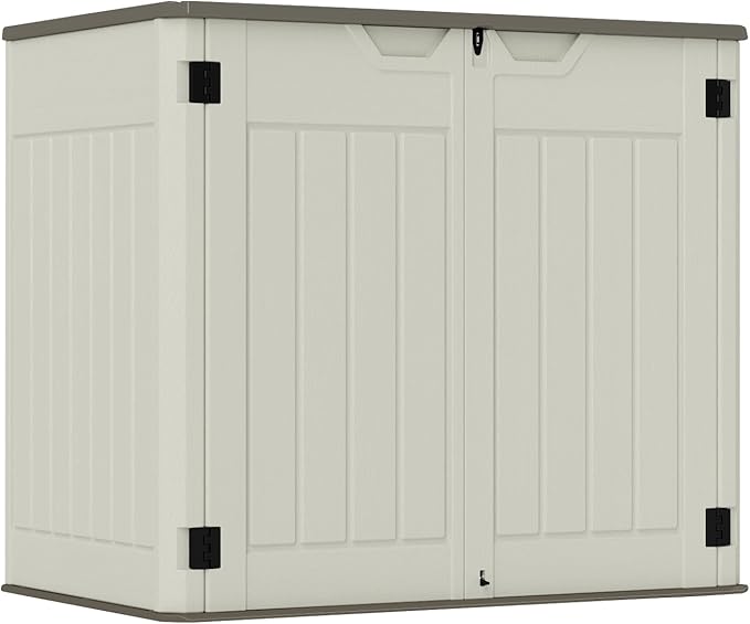 4.4 x 3.8 FT Outdoor Storage Shed, 47 Cuft Outside Waterproof Storage Cabinet, HDPE Resin Plastic 290 Gallon Outdoor Storage Container, Horizontal Lockable Storage Shed, Vanilla