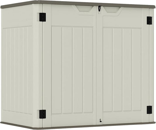 4.4 x 3.8 FT Outdoor Storage Shed, 47 Cuft Outside Waterproof Storage Cabinet, HDPE Resin Plastic 290 Gallon Outdoor Storage Container, Horizontal Lockable Storage Shed, Vanilla