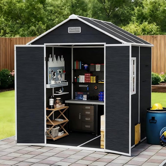 6x6 FT Outdoor Storage Shed with Floor and Window, Waterproof Resin Garden Tool Sheds w/Lockable Door, Vents & Sloped Roof, All-Weather Plastic Tool House for Patio, Backyard, Lawn, Dark Gray