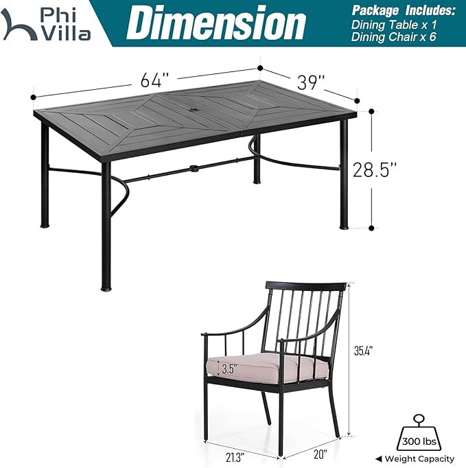 PHI VILLA 7 Piece Outdoor Dining Set for 6, 64" Metal Steel Dining Table with Umbrella Hole & Cushioned Iron Chairs for Patio, Yard, Porch, Deck
