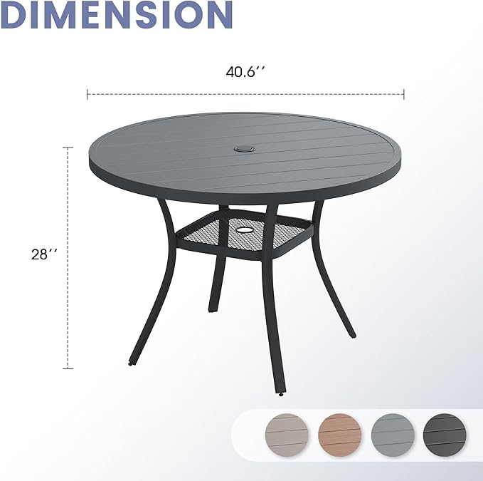 VICLLAX Outdoor Patio Round Dining Table, 41"x 41" Metal Slatted Round Tabletop with Adjustable Umbrella Hole for Dining Yard Porch, Dark Grey Finish