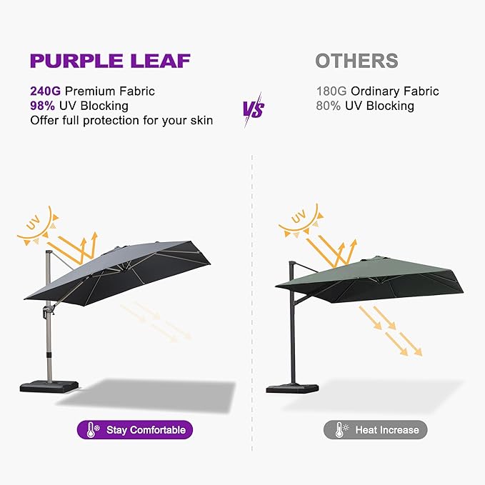 PURPLE LEAF 9' X 9' Patio Umbrella Outdoor Cantilever Umbrella, Aluminum Offset Umbrella with Champagne Frame and 360° Rotation for Pool Deck Garden, Grey