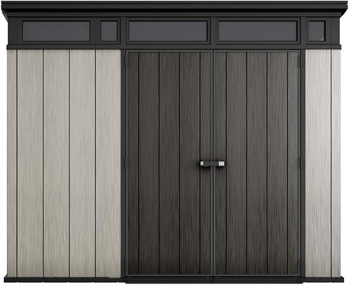 Keter Artisan 9x7 Foot Large Outdoor Shed with Floor with Modern Design for Patio Furniture, Lawn Mower, Tools, and Bike Storage, feet, Grey/Black
