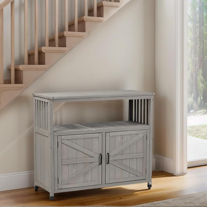 Modern Grey Solid Wood Patio Bar Table Set with Convenient Storage – Ideal Buffet Cabinet Sideboard for Outdoor and Indoor Use!