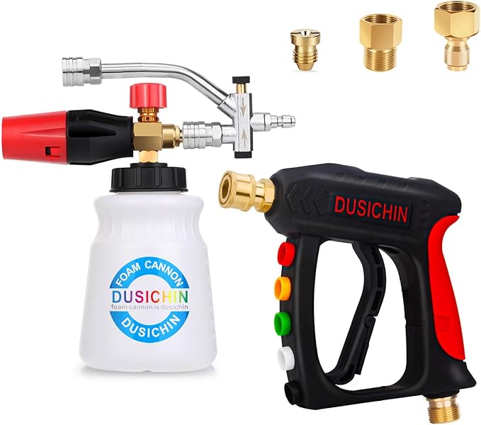 DUSICHIN Pressure Washer Short Gun Foam Cannon 1/4" Quick Connector,Car Wash Foam Gun Kit Dual Connector Accessory,Pressure Washer Nozzle Tips 3/8'' Swivel Quick Connector,Not Use with Garden Hose