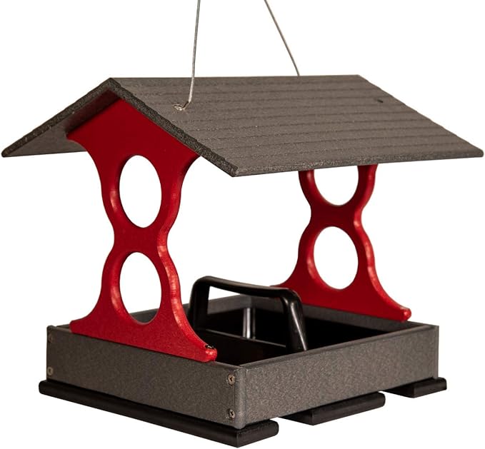 JCS Wildlife Medium Poly Fly-Thru Bird Feeder w/Removable Seed Tray - Holds 4 Cups of Bird Seed to Attract Cardinals, Chickadees, and More Backyard Birds (Gray and Red)