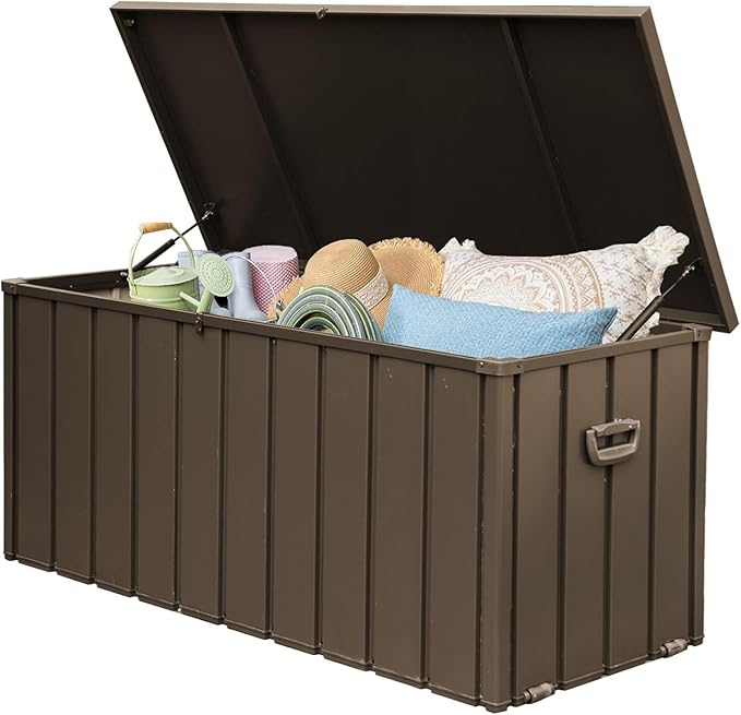 LANTRO JS 160 Gallon Metal Deck Box, Outdoor Storage Box Waterproof with Wheels, Lockable Storage Container for Patio Furniture Cushions Garden Tools, Dark Brown