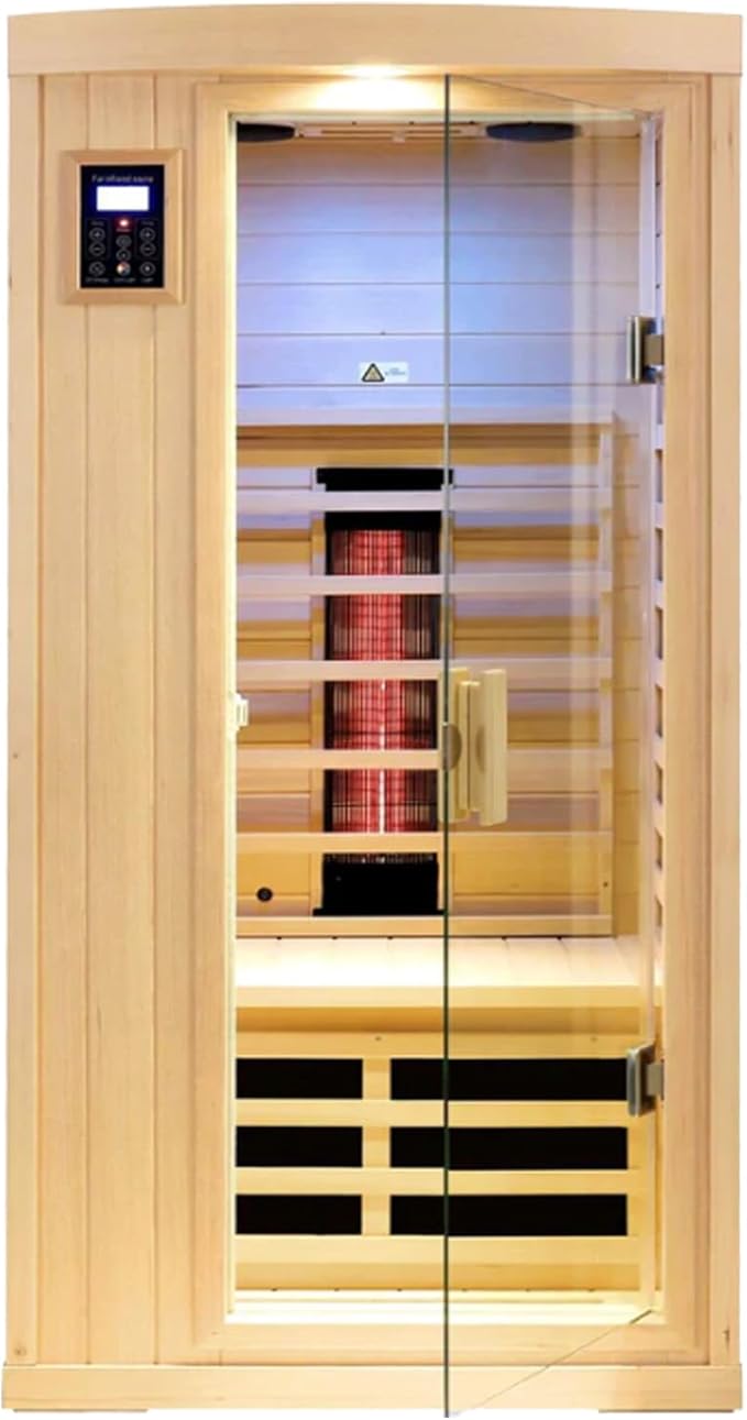 Ceramic Infrared Sauna 1 Person Infrared Sauna Hemlock Far Infrared Saunas for Home 2 in 1 Indoor Sauna Room with Low EMF Heaters + Ceramic Heating Cube-Chromotherapy-Bluetooth Speaker