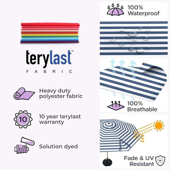Midtown Umbrellas Wooden 2-9 Feet Outdoor Patio Umbrella, Terylast Navy & White Stripes Fabric, Aluminum Frame For Backyard Umbrella, Deck Umbrella, Garden Umbrella & Pool Umbrella - Wooden Pole