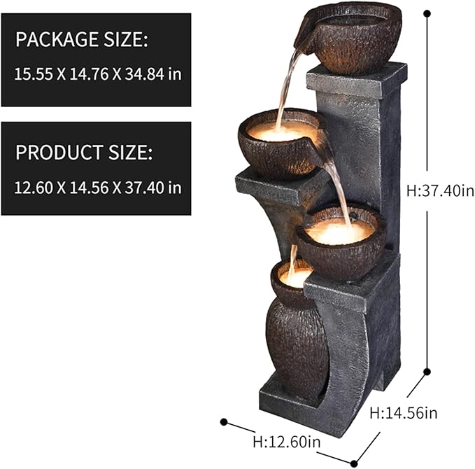 Outdoor Water Fountains Modern Garden Fountains with LED Lighting Indoor Resin Decor for Garden Patio, Deck, Porch, Backyard Home Art DéCor (37.4 inchs)