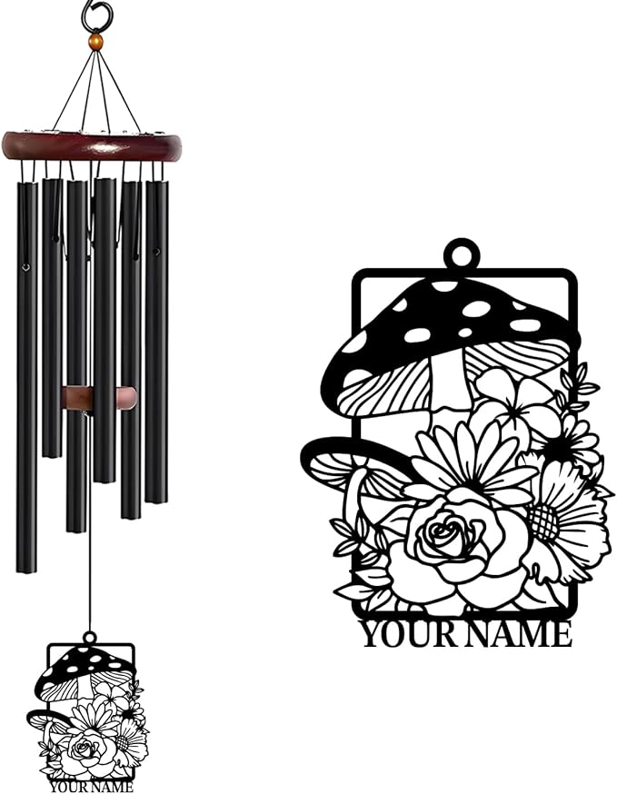 Personalized Customize Name Fantasy Mushroom Wonderland Wind Chime, Metal Iron 37 Inch Outdoor Memorial Gift for Garden Yard Patio Home Decor, Black (Style H)