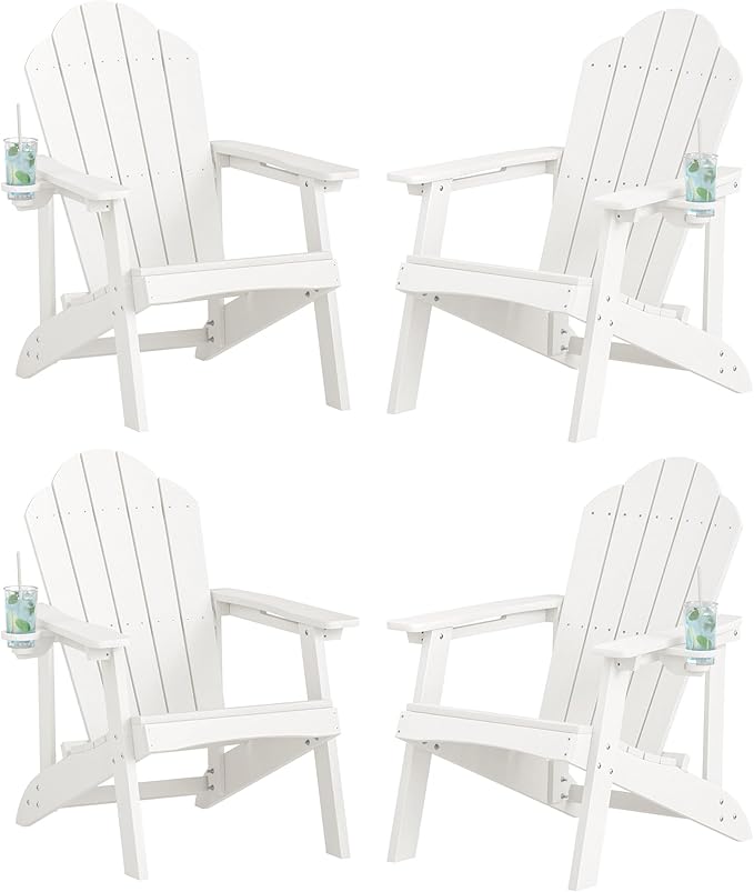 LUE BONA HDPE Adirondack Chairs Set of 2,Plastic Adirondack Chairs with Cup Holder Weather Resistant for Outdoor, Patio, Lawn, Garden, Backyard Deck, Fire Pit, White
