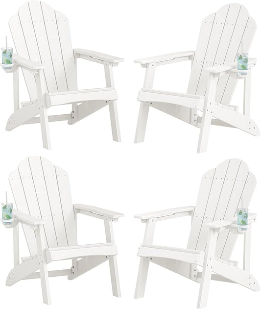 LUE BONA HDPE Adirondack Chairs Set of 2,Plastic Adirondack Chairs with Cup Holder Weather Resistant for Outdoor, Patio, Lawn, Garden, Backyard Deck, Fire Pit, White