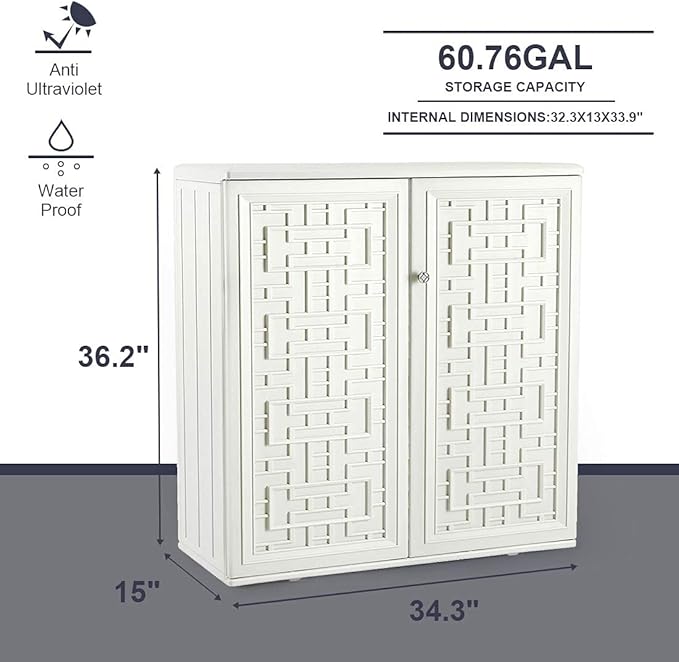KINYING Outdoor Storage Cabinet Waterproof with Doors, 60 Gallon Resin Deck Box for Patio Furniture Cushions, Garden Tools, Pool Tools and Kids’ Toys (Off-White with 1 Shelving)