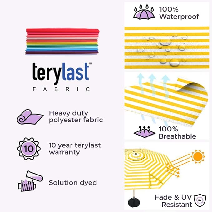 Midtown Umbrellas The Wooden 8 Feet Patio Umbrella With Terylast Sunny Stripes (White/Yellow Stripes) Polyester Fabric - Aluminum Frame Market Umbrella For Backyard, Deck, Garden, Pool - Wooden Pole
