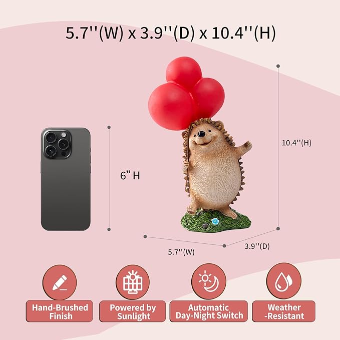 WHIMSYNOOK 10.4" Resin Hedgehog with Balloon Solar LED Garden Statue Light, Ideal for, Porch, Lawn, Yard, Housewarming, or Birthday Gifts for Mom, Family, and Hedgy Lovers