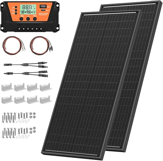200 Watts Solar Panel Kit, 12V/24V (2PCS 100W) Monocrystalline 30A Charge Controller 25% High-Efficiency PV Module for RV, Rooftop, Boats, Trailer, Vehicle, Caravan, Off-Grid System (200W)
