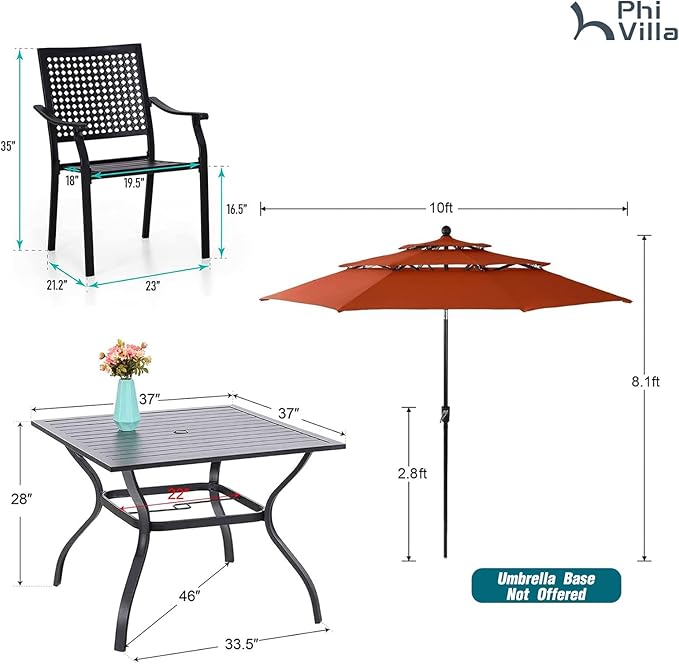 PHI VILLA 5 Pieces Patio Dining Set for 4 with 10ft Patio Umbrella, Metal Outdoor Stackable Wrought Iron Chair Set of 4 & 37" Metal Dining Table,3 Tier Vented Market Table Orange Red Umbrella