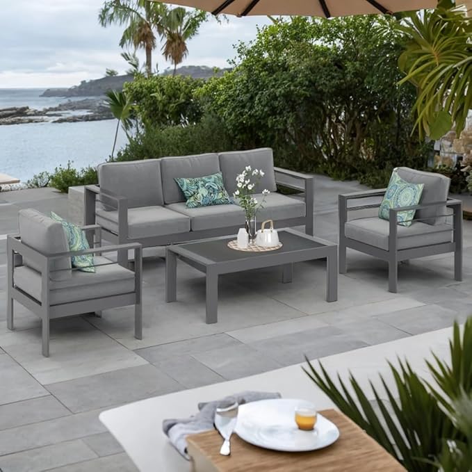 Solaste Aluminum Patio Furniture Set, 5 Seats Modern Outdoor Conversation Set Sectional Sofa with Upgrade Cushion and Coffee Table,Grey