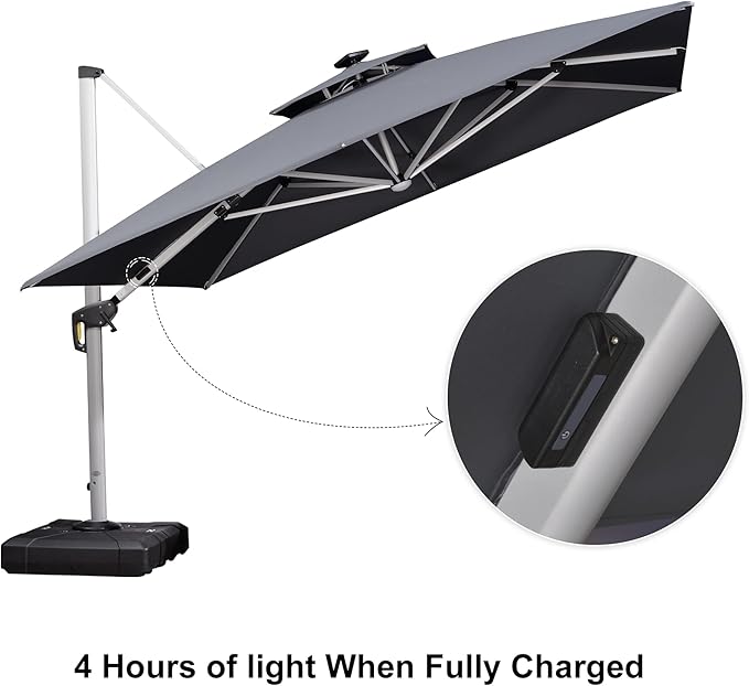 PURPLE LEAF 11 Feet Solar Powered LED Square Cantilever Umbrella With Base Patio Umbrella Windproof Hanging Umbrella Outdoor Umbrella Offset Umbrella, Grey