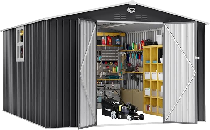 10x12 FT Outdoor Storage Shed, Metal Shed with 1 Window & Lockable Door, Large Heavy Duty Tool Sheds, Outside Waterproof Storage Building