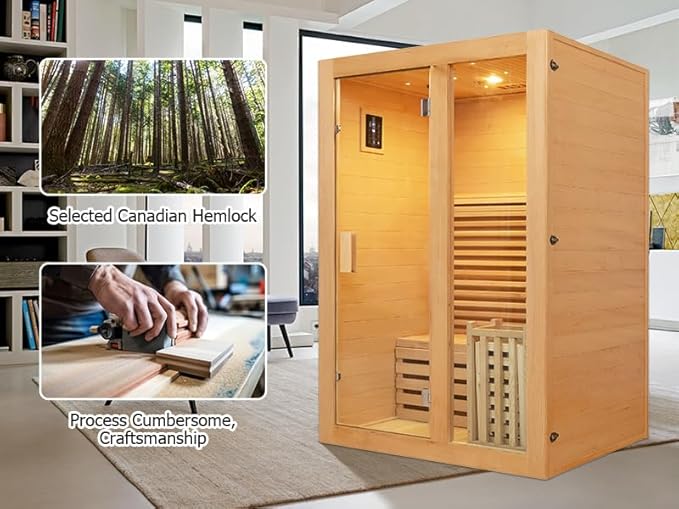 ZONEMEL Wooden Steam Sauna Room, 1 Person Canadian Hemlock Luxurious Indoor Sauna with 3.5 KW Harvia Stove Heater, WiFi Control, Volcanic Rock, Wooden Bucket, Scoop, Reading Light, Hourglass, 220V