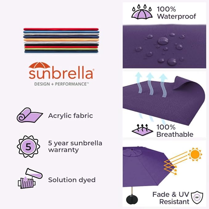 Midtown Umbrellas The Swilt 8 Feet Patio Umbrella in Sunbrella Bengali Purple Acrylic Fabric - Fiberglass Ribs, Auto-Tilt Aluminum Frame For Backyard, Deck, Garden, Pool - White Pole