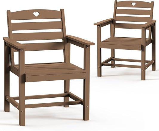 HDPE 2-Piece Outdoor Dining Chairs, Weather-Resistant Heart-Cutout Design Patio Dining Chairs, Outdoor Furniture for Lawn, Patio, Porch, Deck, Poolside, Yard (Teak)