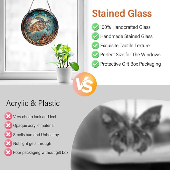Sea Turtle Decor Suncatcher Stained Glass Window Hanging - Handmade Suncatchers for Windows with Hooks - Sea Art Glass Sun Catcher Indoor Outdoor Garden Mothers Day Birthday Gifts for Mom Grandma