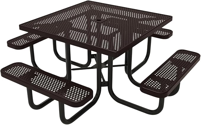 COATEDOUTDOORFURNITURE Heavy-Duty Portable Outdoor Picnic Table with Umbrella Hole, Punched Steel Commercial-Grade Patio Dining Furniture Made in America (46" Square Top, Brown)