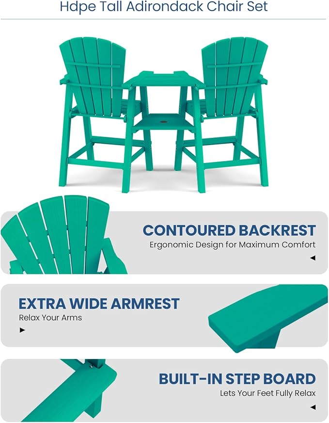 Ciokea Tall Adirondack Chairs Set of 4, HDPE Outdoor Adirondack Bar Stools with Double Connecting Tray, Weather Resistant High Back Adirondack Balcony Chairs for Deck, Lawn, Pool, Backyard, Lake Blue
