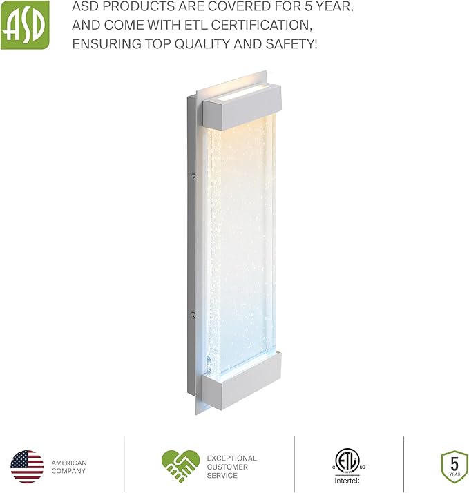 ASD LED 18 Inch Bubble Glass Wall Light Fixture | 22W 520LM 3000-5000K 100-277V | 3CCT, Waterproof, Dimmable, Up-Down Glow, ETL Listed | Exterior Flush Mount Sconce, Outdoor Lighting | White, 2 Pack