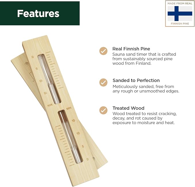 Sauna Sand Timer - Handmade from Finnish Pine Wood - Wall-Mounted Rotating 15-Minute Hourglass with White Sand