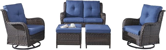 Rilyson 5 Piece Outdoor Patio Furniture Set - Rattan Wicker Patio Conversation Sets with 2 Swivel Rocker Chairs,2 Ottomans and 1 Loveseat for Outside Porch Deck Backyard(Brown/Blue)