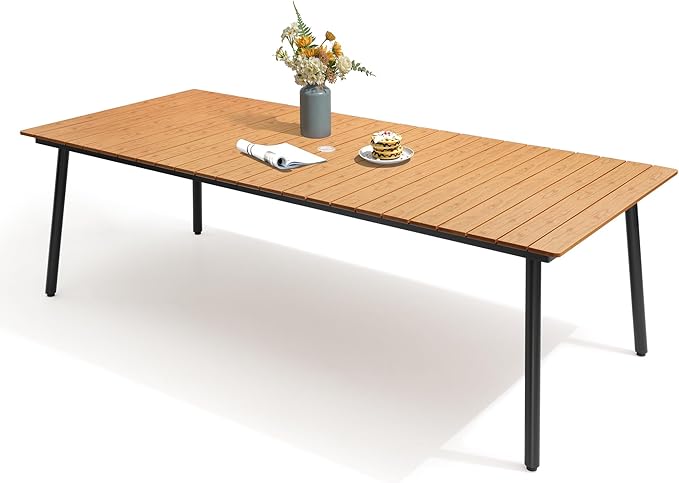 Outdoor Dining Table for 8-10, 94.5 inch Patio Dining Table with Wooden-Like Top and Aluminum Frame, Rectangular Table with Umbrella Hole Outdoor Furniture, Brown