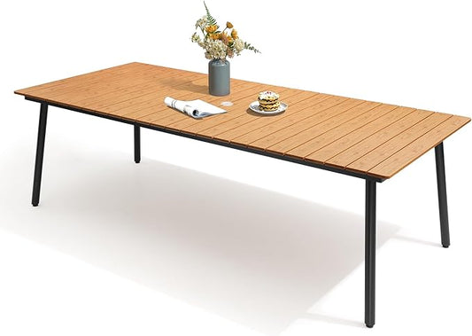 Outdoor Dining Table for 8-10, 94.5 inch Patio Dining Table with Wooden-Like Top and Aluminum Frame, Rectangular Table with Umbrella Hole Outdoor Furniture, Brown