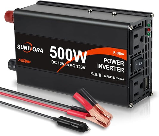 500 Watt Inverter 12V DC to 110V/120V AC 60HZ 1000 Watt(Peak) Car Power Inverter with 2 AC Outlets & Dual USB Ports for Car Vehicle Truck Camping