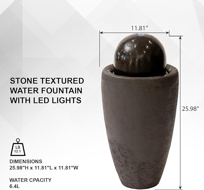 XBrand 25.98" H Round Stone Indoor/Outdoor Modern Stone Textured Sphere Water Fountain with LED Lights, Ball Fountain Decor for Garden, Patio, Outdoor, Brown