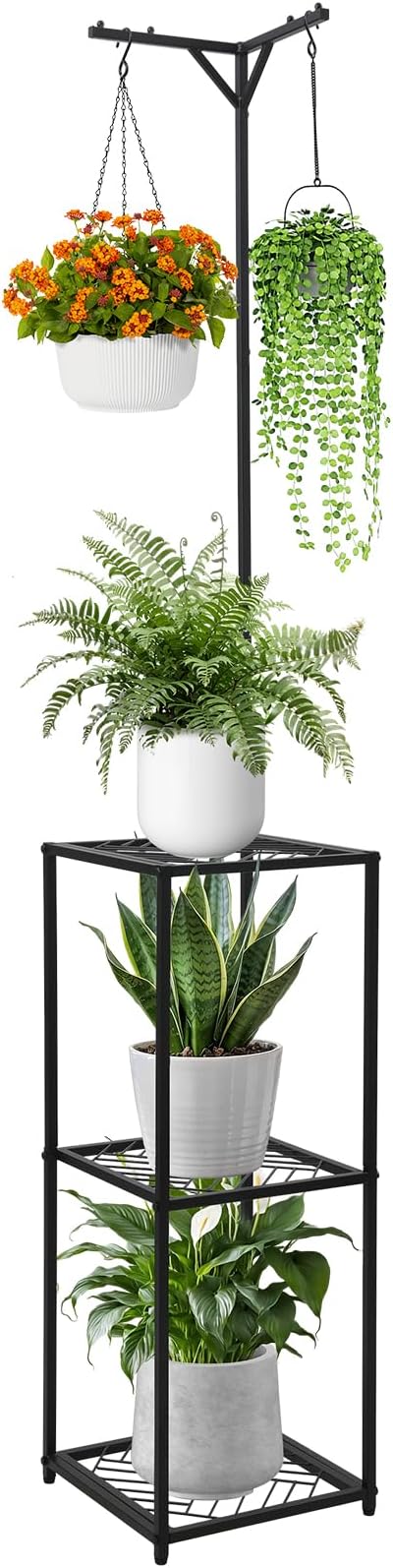 3-Tier Hanging Plant Stand Indoor Outdoor - 67" Tall Corner Shelf for 5 Potted Flowers,Square Planter Holder Metal Display Rack for Living Room, Balcony, Garden,Space-Saving Standing Plant Hanger