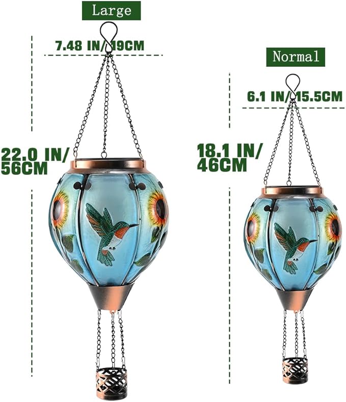 Hot Air Balloon Solar Lantern - Large Hummingbird Glass Lantern, Simulated Flickering & Dancing Flame, Outdoor Hanging Sunflower Yard Light Waterproof IP65 for Patio Lawn Porch Decor Gift