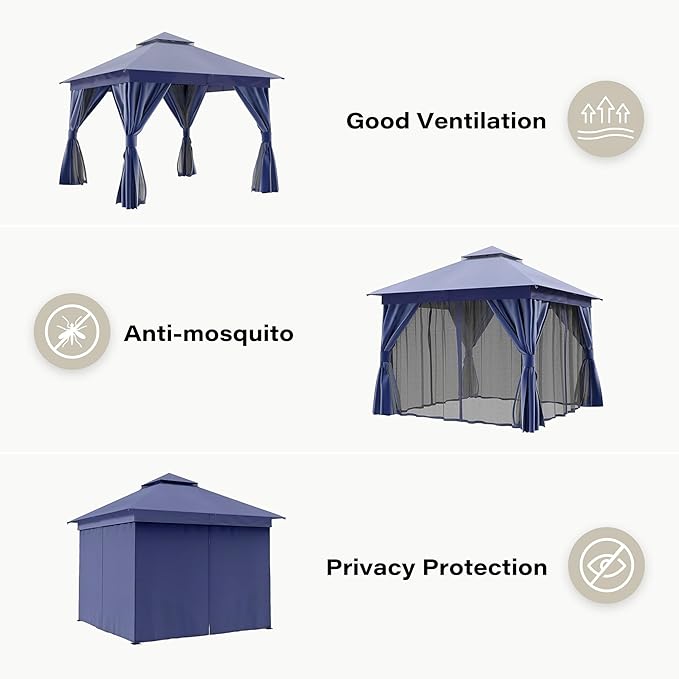 Outdoor Patio Gazebo 8FT, Heavy Duty Party Tent & Shelter with 2-Tier Roof and Expansion Bolts, Mosquito Nettings and Privacy Screens for Backyard, Garden, Poolside, Navy Blue