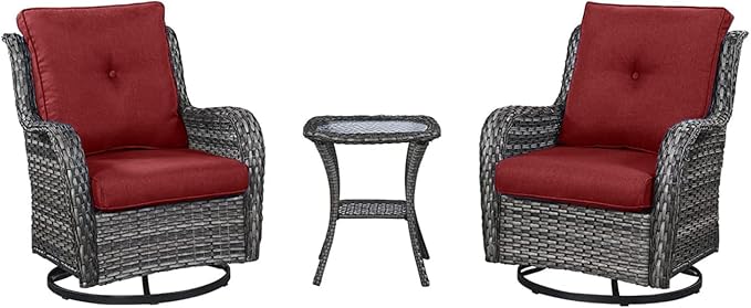 HUMMUH 3-Piece Swivel Rocking Rattan Chair Outdoor, Patio Bistro Furniture Conversation Set, Cushioned Wicker Chair with Glass Coffee Table(Grey, Red)